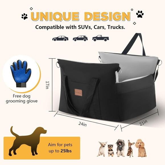 Dog Car Seat Waterproof Booster w Storage Pockets Groom Glove Small Black Gray - Picture 2 of 16